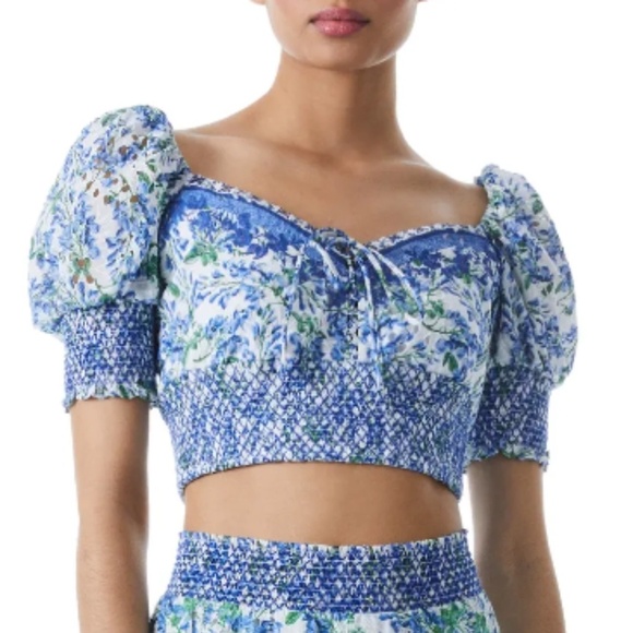 NWT ALICE + OLIVIA Crawford Floral Puff Sleeve Cotton Silk Crop Top Sz. L - Picture 1 of 5